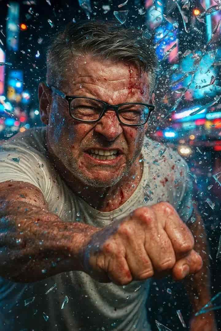 Example output generated with Headfirst Crash Through Window | action scene | high speed photo prompt