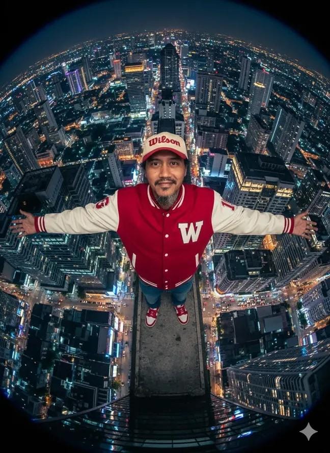 Man on Skyscraper Ledge | cityscape portrait | panoramic view - AI prompt example