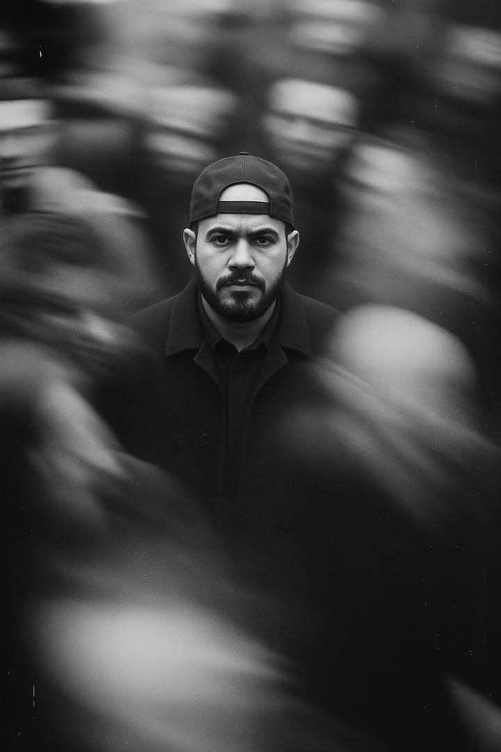 Gritty B&W Motion Portrait | urban photography | isolated figure - AI prompt example