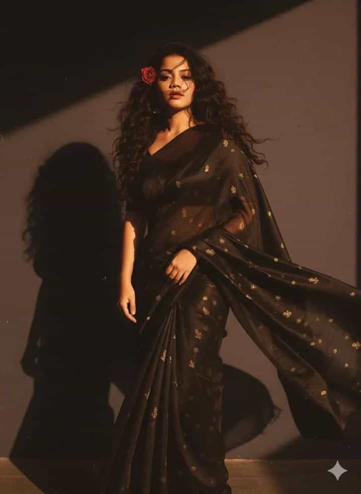 Example output generated with Retro Vintage Saree Portrait in 90s Cinematic Film Style prompt