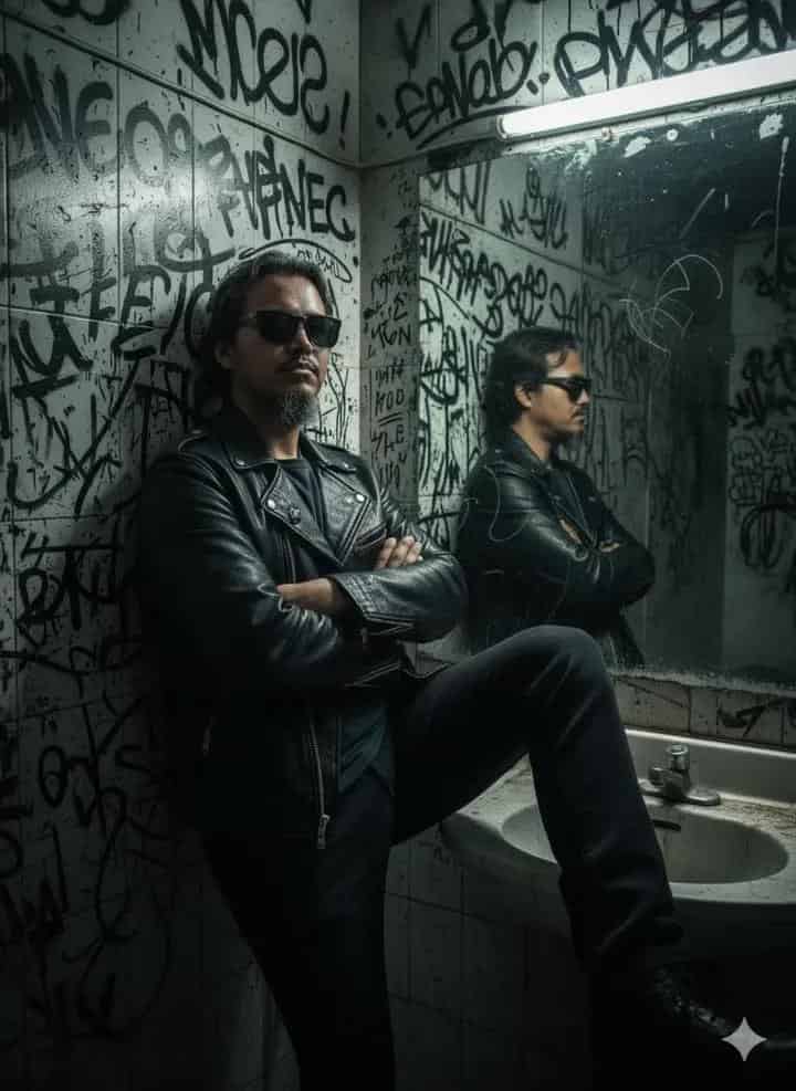 Example output generated with Edgy Punk-Rock Portrait in Graffiti Bathroom — Cinematic AI Prompt prompt