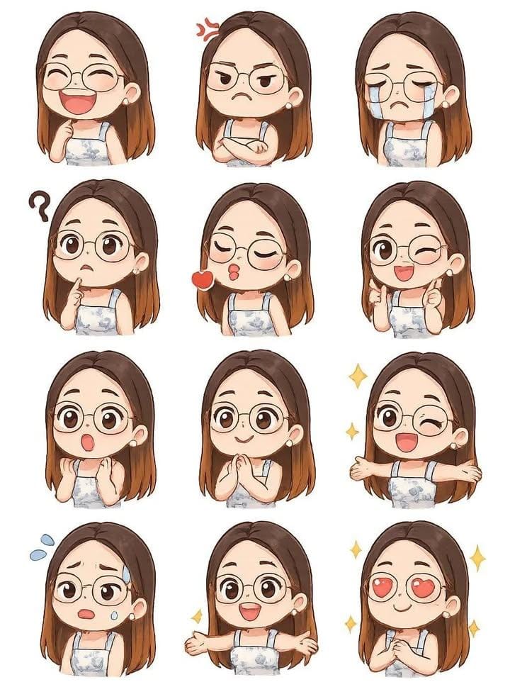 Chibi Sticker Expression Sheet | sticker design prompt | kawaii art - AI prompt example