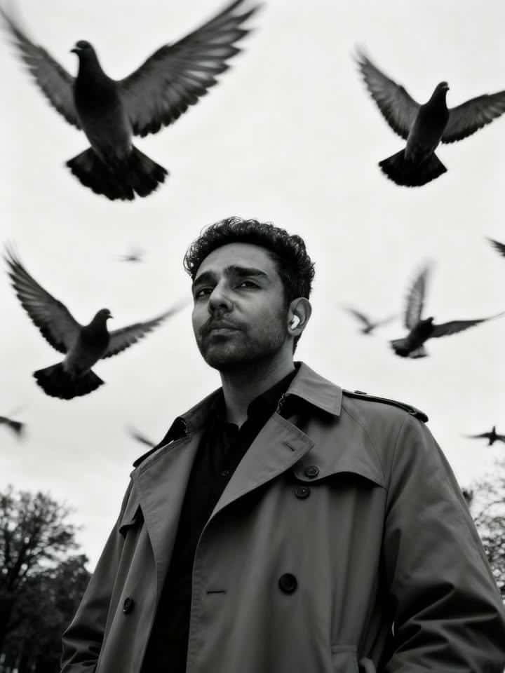 Example output generated with Dramatic Black & White Trench Coat Portrait with Pigeons — AI Prompt prompt