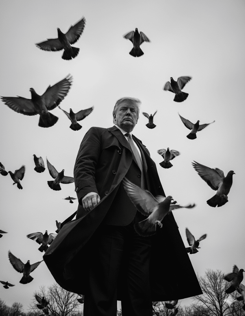 Dramatic Black & White Trench Coat Portrait with Pigeons — AI Prompt - AI prompt example