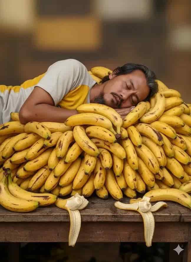 Example output generated with Funny AI Art Prompt: Man Sleeping on a Pile of Bananas prompt
