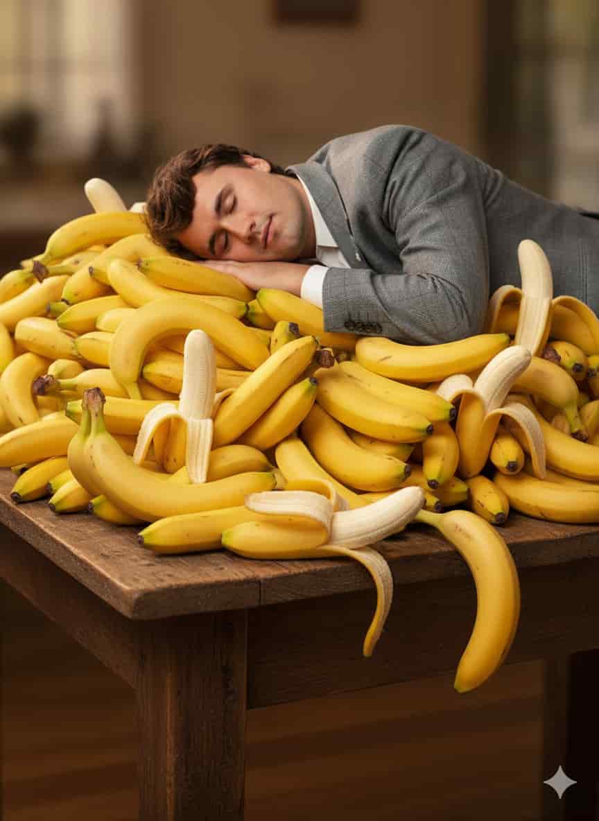 Funny AI Art Prompt: Man Sleeping on a Pile of Bananas - AI prompt example
