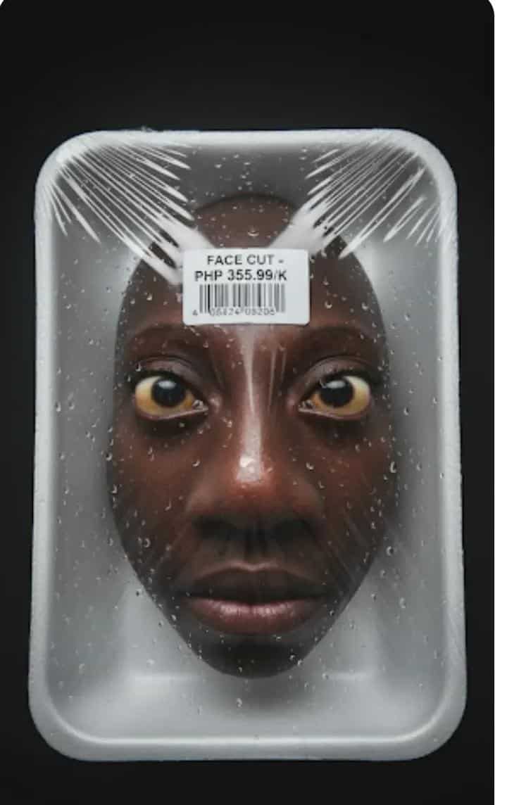 Example output generated with AI Prompt: Human Packaged Like Supermarket Food prompt