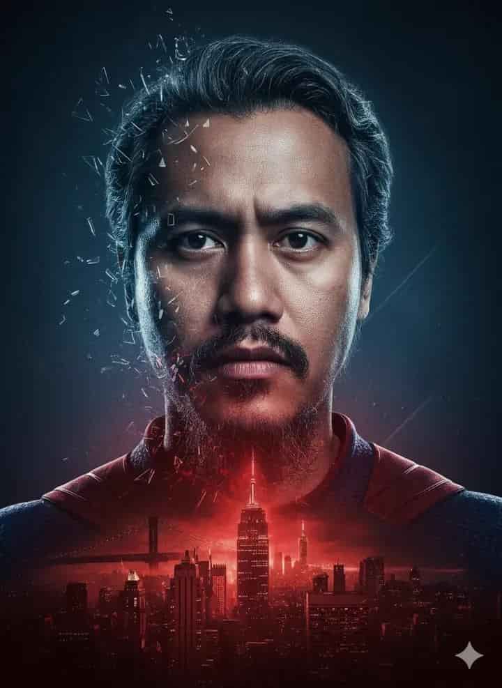 AI Prompt: Double Exposure Superhero Poster with Cityscape - AI prompt example