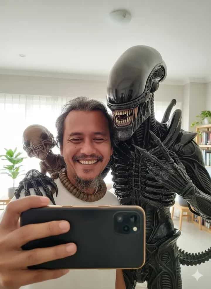Example output generated with Funny AI Selfie Prompt: Man Posing with Predator & Facehugger prompt