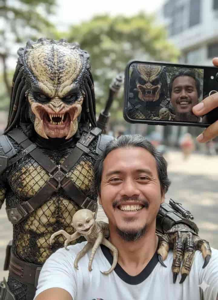 Funny AI Selfie Prompt: Man Posing with Predator & Facehugger - AI prompt example