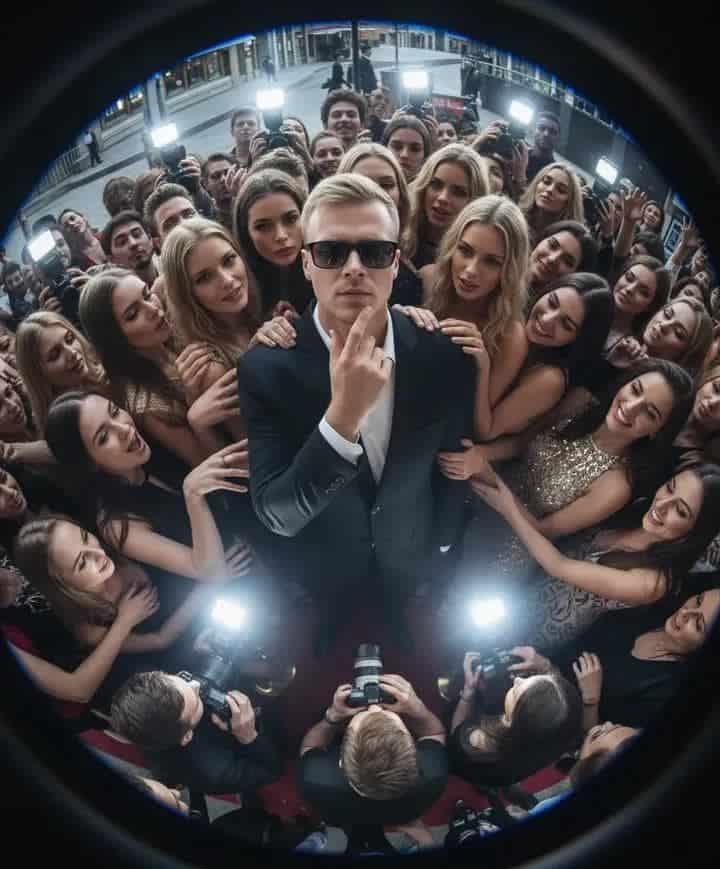 Example output generated with Celebrity-Style AI Prompt: Man in Black Suit Surrounded by Fans and Paparazzi prompt