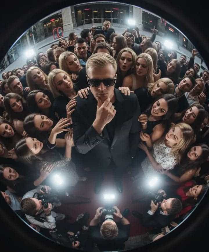 Celebrity-Style AI Prompt: Man in Black Suit Surrounded by Fans and Paparazzi - AI prompt example