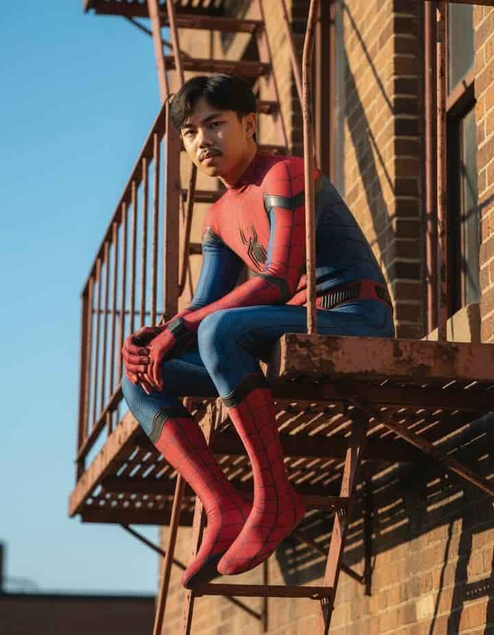 Example output generated with Golden-Hour Superhero Portrait — Boy in Spider-Man Suit prompt