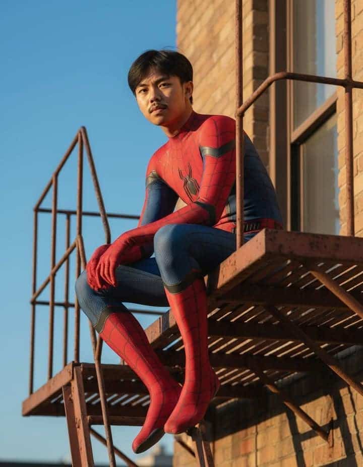 Golden-Hour Superhero Portrait — Boy in Spider-Man Suit - AI prompt example