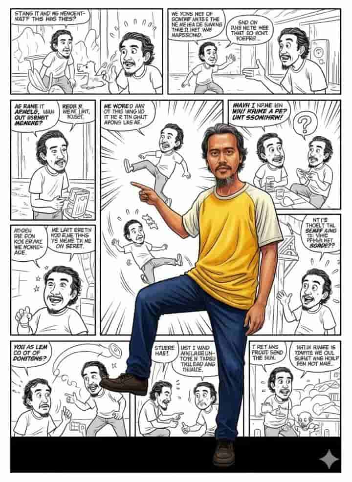 Example output generated with Photorealistic Character with Comic Strip Backdrop — Creative Poster Prompt prompt