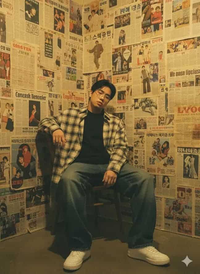 Casual Korean Street Style Portrait in Retro Newspaper Room — AI Prompt - AI prompt example