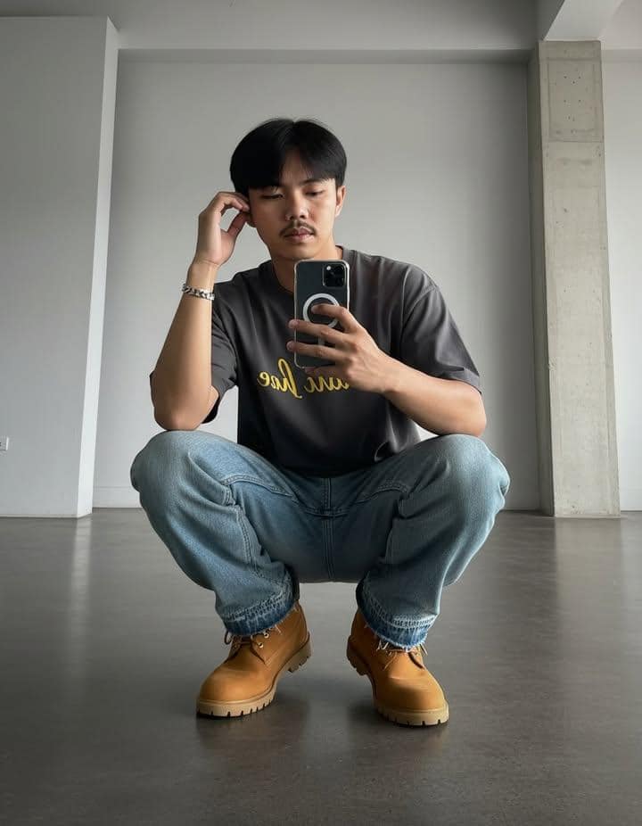 Candid Mirror Selfie of Stylish Man in Contemporary Fashion - AI prompt example