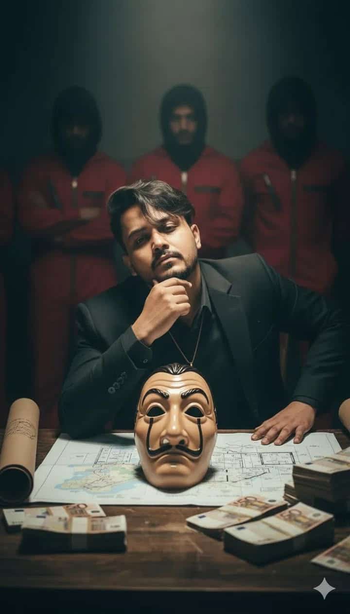 Example output generated with Cinematic 8K Over-the-Shoulder Portrait with La Casa de Papel Mask prompt