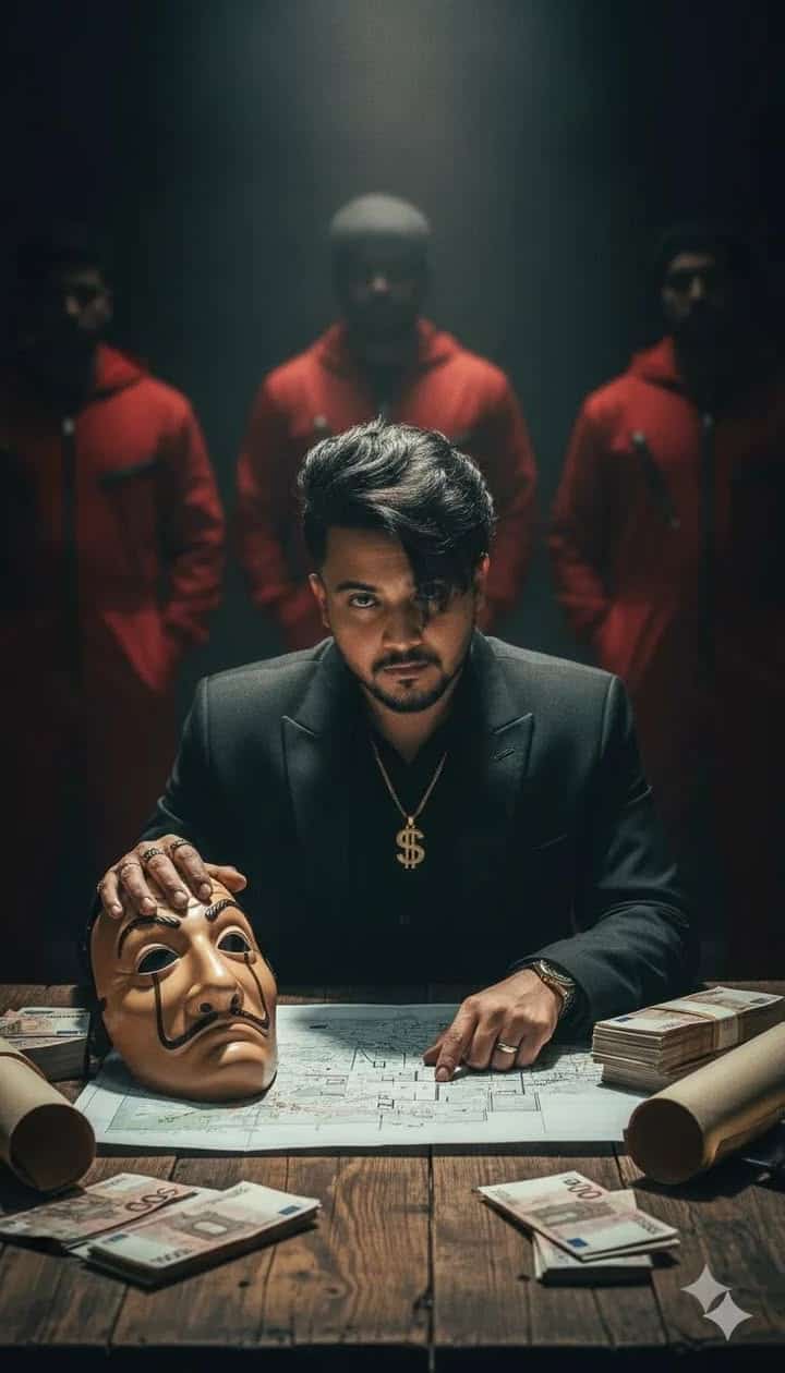 Cinematic 8K Over-the-Shoulder Portrait with La Casa de Papel Mask - AI prompt example