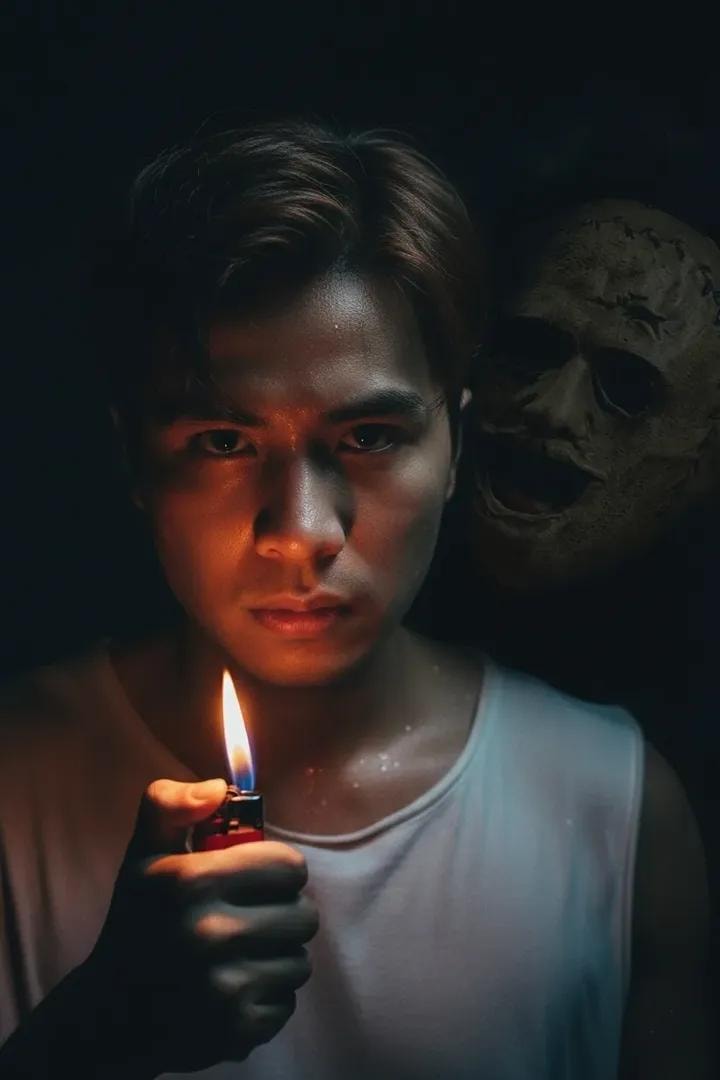 Example output generated with Cinematic 8K Horror Portrait with Lighter Flame and Shadowed Figure prompt