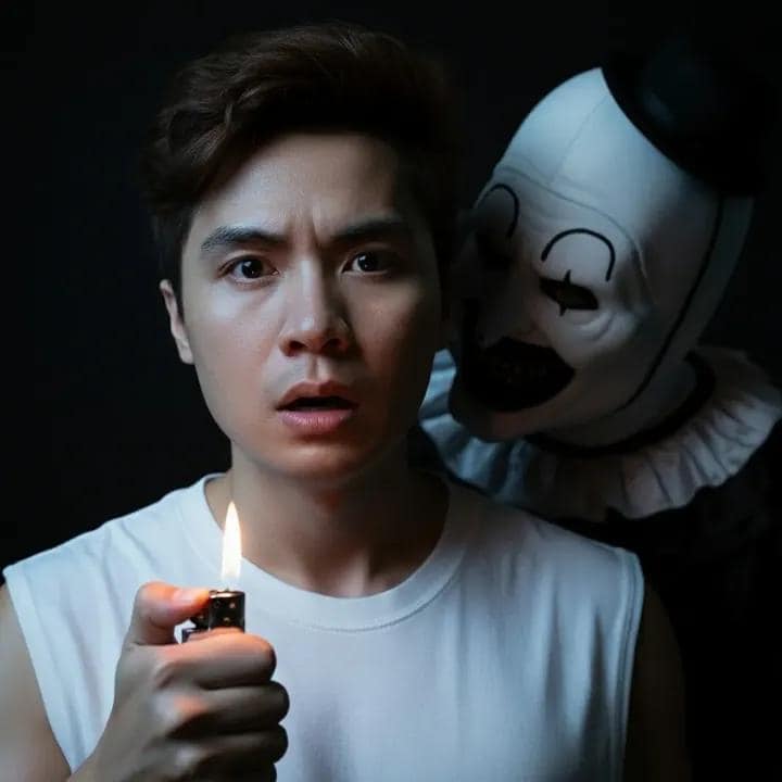Cinematic 8K Horror Portrait with Lighter Flame and Shadowed Figure - AI prompt example