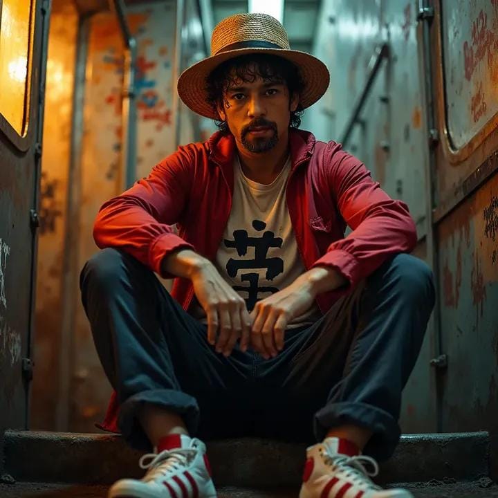 Realistic Live-Action Luffy | urban anime style | gritty portrait - AI prompt example