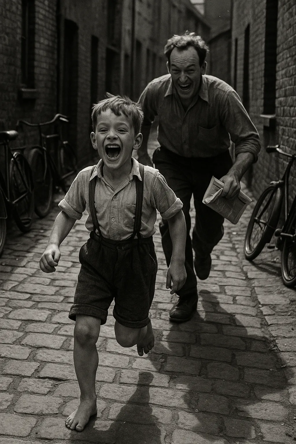 Black & White Chase Scene | street photography | dynamic composition - AI prompt example