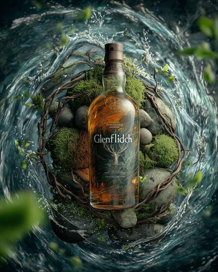 Cinematic Whisky Bottle Ad | brand advertisement | nature styling - AI prompt example