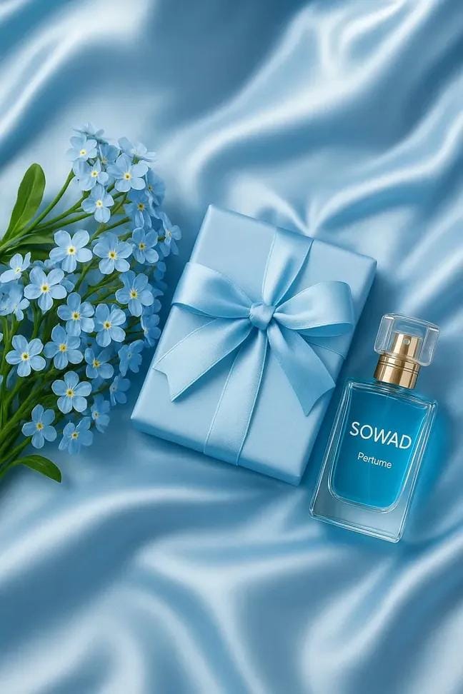 SOWAD Perfume Flat Lay | luxury product photography | gift box - AI prompt example