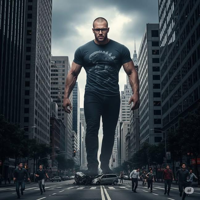 Kaiju Man Crushing Car | giant monster art | city destruction - AI prompt example