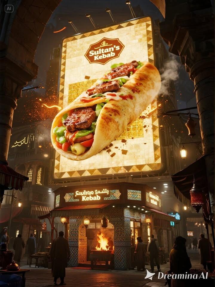 3D Sultan's Kebab Billboard | middle eastern night market | motion blur prompt - AI prompt example