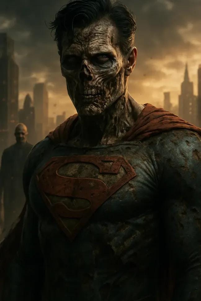 Decaying Superhero Movie Poster | hyper-realistic art | character design - AI prompt example