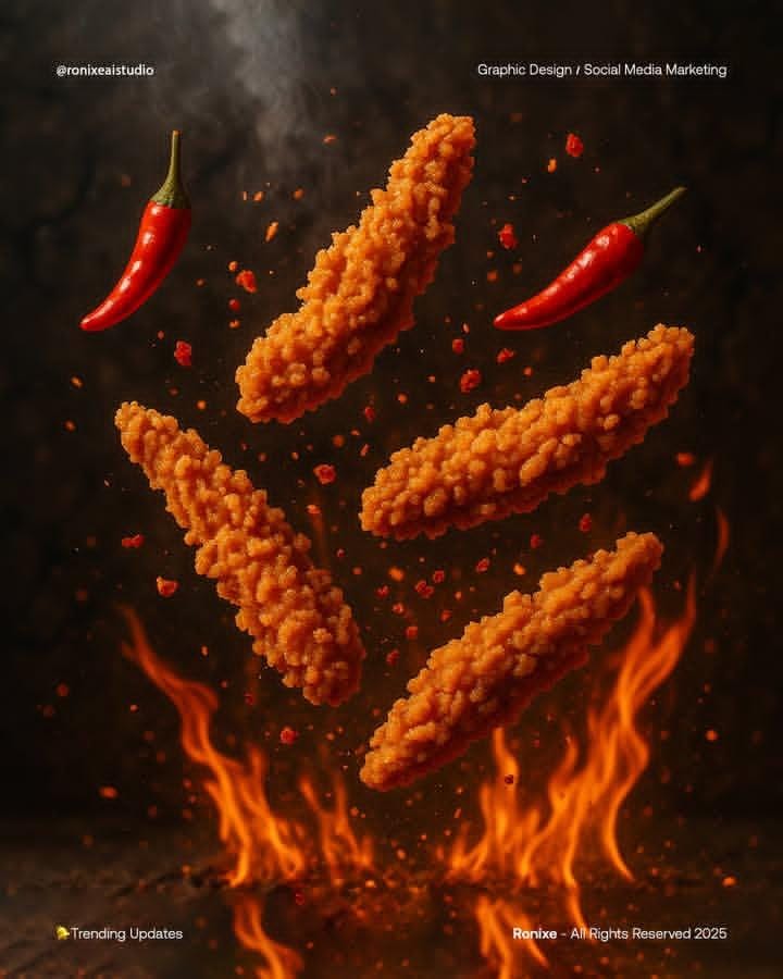Spicy Fried Chicken Explosion | dynamic food ad | fiery aesthetic - AI prompt example