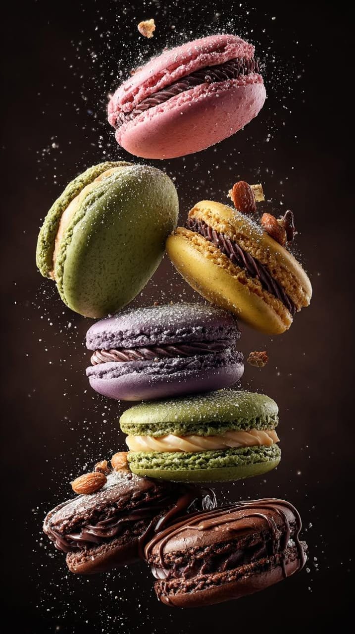 Cinematic Floating Macarons | studio food photography | luxury patisserie - AI prompt example