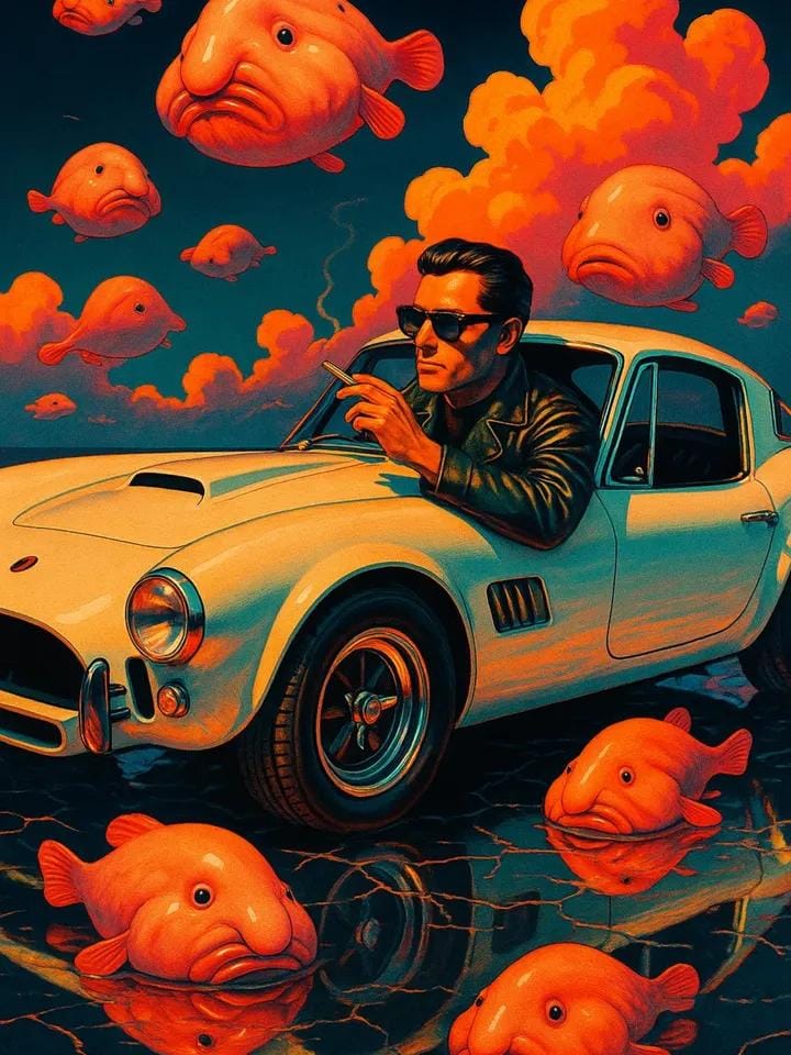 Retro-Surreal Car with Animals | pop art aesthetic | wet road - AI prompt example