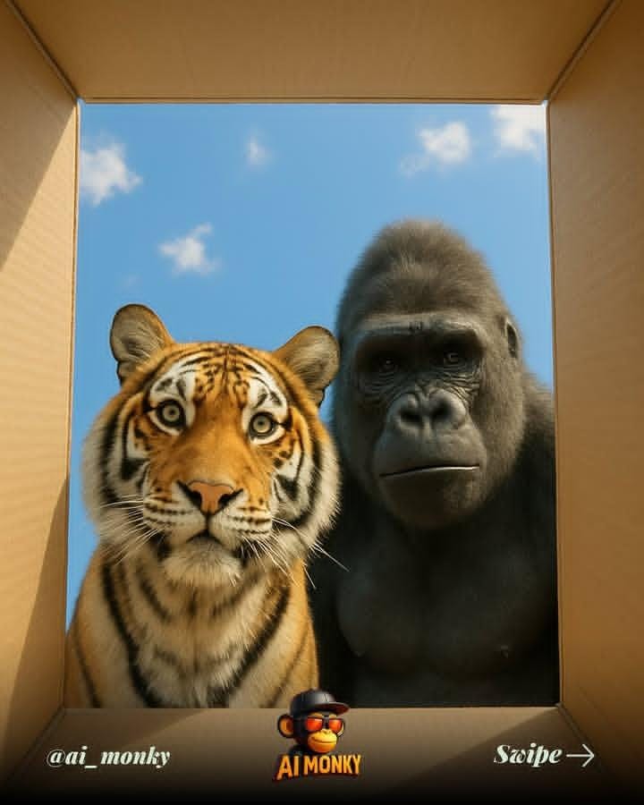 Bear & Giraffe in Box | funny animal photo | curious pose - AI prompt example