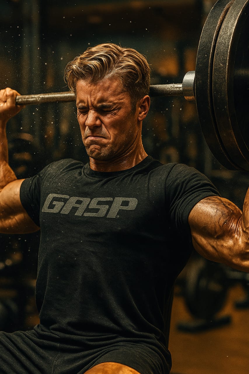 Heavy Shoulder Press Shot | gym photography | extreme effort - AI prompt example